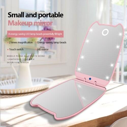 8 LED Lights 2X Magnifying Foldable Bathroom Makeup Mirror Light Portable Mini Cute LED Lighting Professional Vanity Mirror New