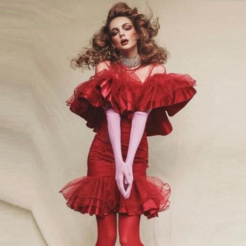 Sexy Mermaid Red Tulle Dresses Short Knee Length Puffy Sleeve Sheer Tulle Dress Women Party Cocktail Formal vestido de mujer