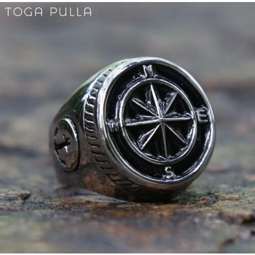 Vintage Viking Pirate Cross Compass Ring Silver Color Stainless Steel Mens Anchor Rings Unique Punk Biker Jewlery