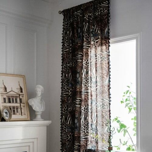 Cilected Bohemian Leopard Geometric Print Curtain Home Cotton Linen Semi-shading Tassel Curtain Bay Window Curtain Decoration