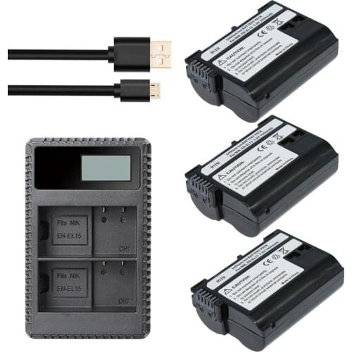 3Pcs EN-EL15 ENEL15 EL15 Battery + LCD USB Dual Charger for Nikon D600 D800 D800E D7000 D7100 V1 D810 D610 D750 MB-D14 Camera