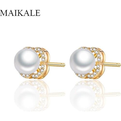 MAIKALE Romantic Jewelry Pearl Stud Earrings for Women Cubic Zirconia Flower Shape Gold Small Ear Studs Charm Accessories
