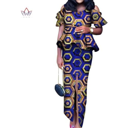 New Fashion Africa Wax Print 2 Pieces Skirt Sets Bazin Riche Women African Style Clothing Crop Skirt and Top Set WY3596