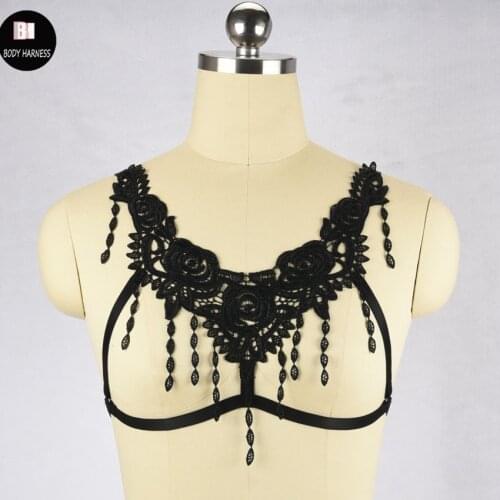 Tassels bondage lingerie Harajuku Gothic body harnes bra cage black lace body harness sexy cage bra Handmade
