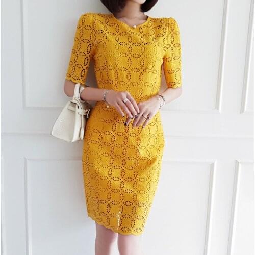 Fashion women summer elegant high quality hollow out dress new arrival work style lace perspective vintage sexy pencil dress