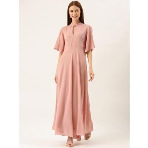 Simple A Line High Neck Pleats Half Sleeves Floor Length Formal Dress Women Elegant Bowknot Cut Out Spring Summer Formal Gown