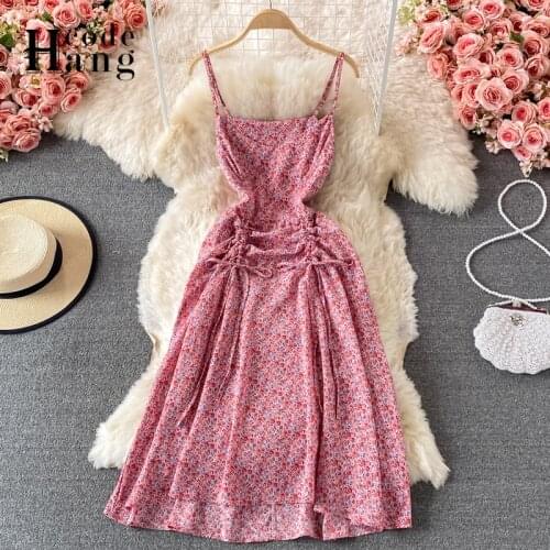 HangCode Straps Sleeveless Print Holiday Summer Dress Long Women Pink Floral Drawstring Bandage Dress Vintage French Style Dress