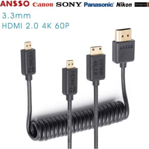 2.0V 4K60P Micro mini HDMI-compatible Digital Single Lens Reflex Soft spring cable 18Gbps，HDR Signal 3.3mm stretch Coiled