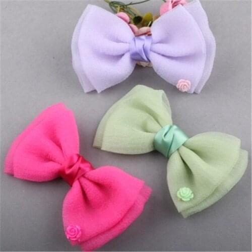 20PCS Resin Rose Flower Decorated 2 Rows Chiffon Ribbon Bows For Princess Girls Hair Jewelry Headband Clips Ornament Shoe Decor