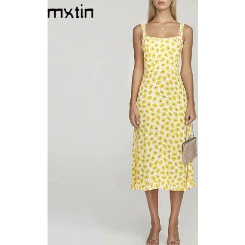 2021 Summer Women Sexy Sleeveless Floral Print Midi Dress Vintage Backless Ruffle Spaghetti Straps Strap Party Female Dresses