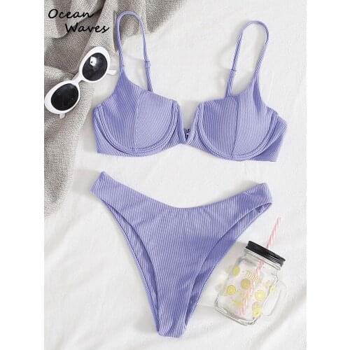 2021 Sexy Bikini Set Ribbed Underwired Bikinis Women Solid V-Bra Push Up Padded 2 Pieces Swimwear Bathing Suit Swimsuit Biquini