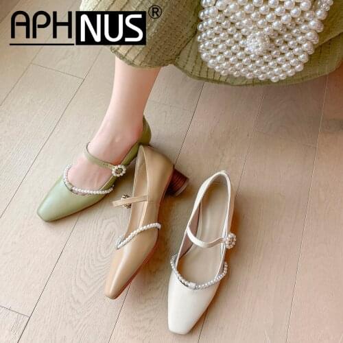 APHNUS Womens Shoes Beading Pearl Mid High Heels Pumps Woman 2021 Shoes For Women New Buckle
