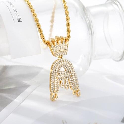 CZ Zircon Crown Waterr Drop Letter Pendant Necklace Mens Hip Hop Punk Initial letter Chain Quality gift Halloween 2020