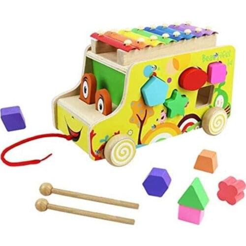 Wooden Toys Pull Bus for Kids with Music Keyboard Xylophone Shape Sorting Toddler Educational Learning Toy Game