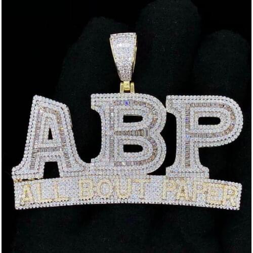 Two Tone Gold Color Full Paved Rectangle Cubic Zirconia CZ Hip Hop Bling ABP All About Paper Pendant Necklace