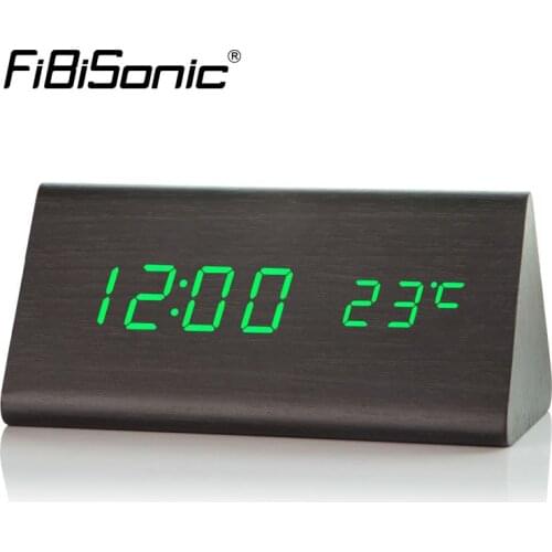 FiBiSonic Wood Electronic Desk Clock Digital LED Alarm Clock Sounds Control Wooden Table Clock Temperature Clocks