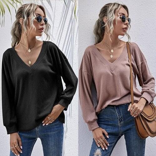 Hot kf-Women Autumn V-Neck Sexy Knitted Sweater Long Sleeve Pullovers Female Casual Loose Sweaters