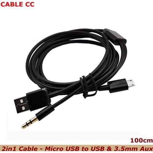 1m 2in1 Cable - Micro USB to USB & 3.5mm Aux Standard Audio Jack Connection Cable - Compatible with many speakers, Mp3 Player
