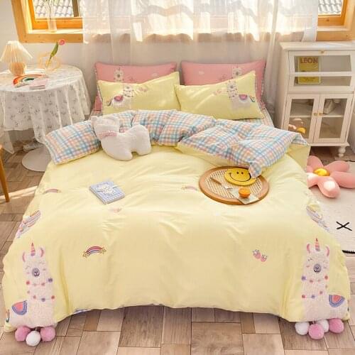 Cute Cartoon Alpaca Applique Child Girl 100% Cotton Bedding Set Single Double Quilt Cover Bed Comforter Set Plaid Fitted Sheet