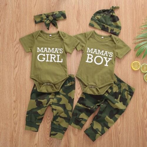 Newborn Infant Baby Girls Boys 0-12M Clothes Sets Letter Print Short Sleeve Romper Tops+Camouflage Pants Hats/Headband