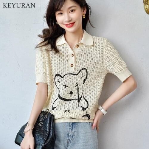 Korean Style Thin Knitted Pullovers Sweater Women 2021 Summer Hollow Out Bear Turn-Down Collar Short Sleeve Casual Knitwear Tops