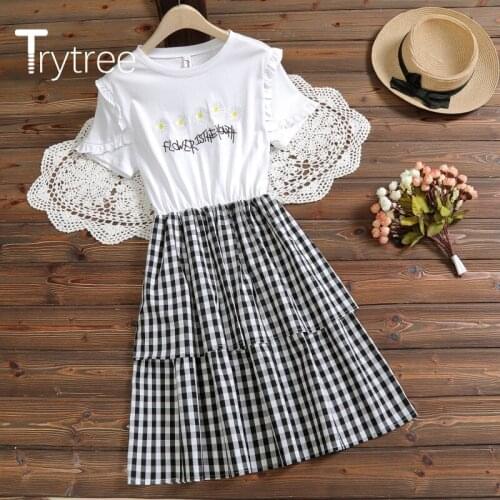 Trytree 2020 Summer Women Dress Casual O-neck Ruffles Embroidery Small daisies Patchwork Plaid Fashion Elegant A-line Cake Dress