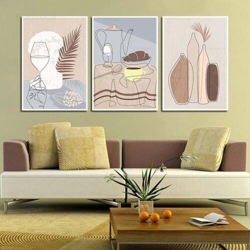 Minimalist Abstract Nordic Poster Simple Line Vase Statue Leaves Canvas Painting Home Decoration Wall Art Pictures for Bedroom