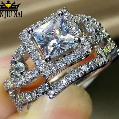 Fashion Wedding Rings Princess Perfect Cut Sparkling Square Zircon Stone Engagement Ring Set for Women Jewelry