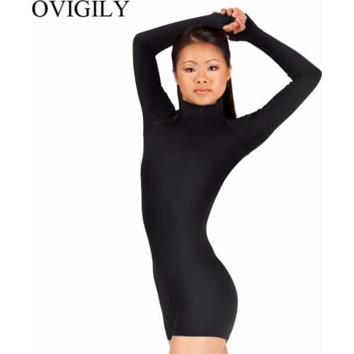OVIGILY Adults Long Sleeve Mock Neck Shorty Unitard With Thumbholes Womens Black Gymnastics Unitards Dancewear Biketards Rompers