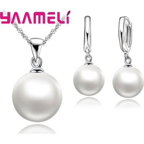 Big Discount 925 Sterling Silver Three Colors Pearl Pendant Necklaces Earrings Sets For Women Ladies Jewelry Present