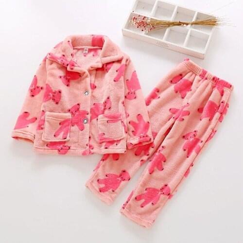 Childrens pajamas flannel autumn and winter Keep warm female baby boy girl coral fleece home service suit