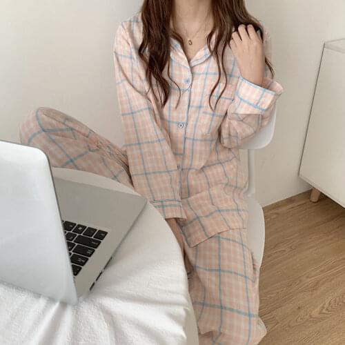 New Fashion Sleepwear Womens Cotton Cute Pajamas Girls Long Sleeve Tops+Pants with Pockets Stripe Casual Lounge Wear
