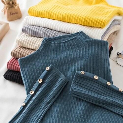 Button Truien Pullovers Korean Sweater 2021 Long Sleeve Sweater Women Basic Slim Knitted Pullover Jumper Autumn Winter Tops