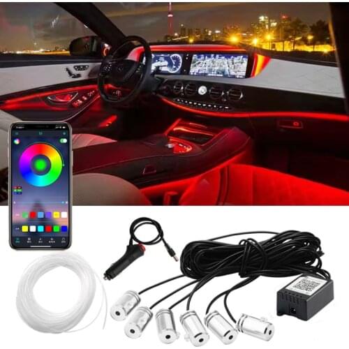 5 in 1 RGB LED Ambient Light Atmosphere Lamp Car Interior Decoration Light with Fiber Strip Lights By App Remote Control 6M