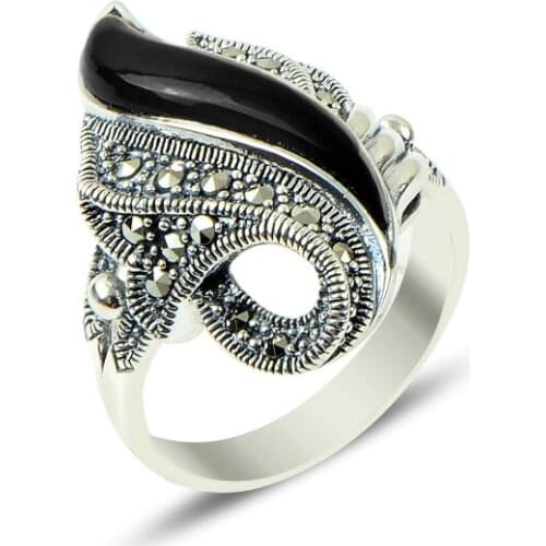Silverlina Silver Marcasite & Onyx Gemstone Ring