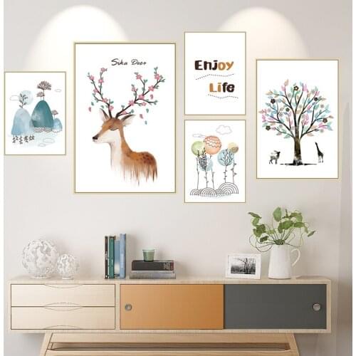 [shijuekongjian] Deer Animall Wall Sticker Vinyl DIY Tree Mountains Mural Decals for Kids Bedroom Living Room House Decoration