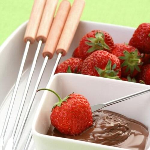 Stainless Steel Color Coding Chocolate Fountain Cheese Fondue Forks with Oak Wood Handle Heat Resistant Skewers Marshmallow