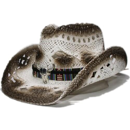 Retro Unisexs Raffia Straw Hollow-out Wide Brim Beach Cowboy Cowgirl Western Hat Bull Head Cow Head Leather Band (58cm)