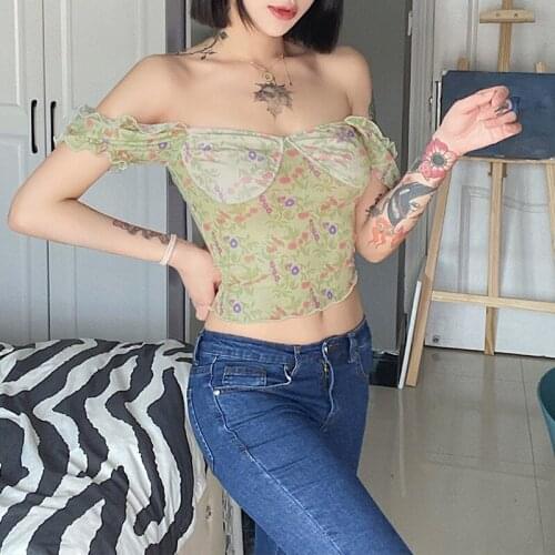 Floral Printed ruffle lace sexy crop tops tee women front tie sleeveless Cami top summer V neck spaghetti strap top party club