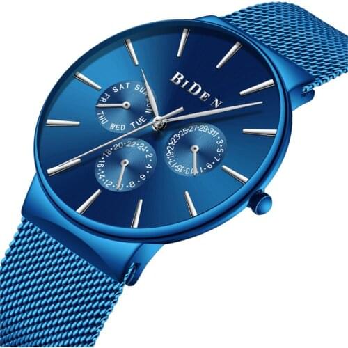 Unique Men Business Watch Blue Stainless Steel Mesh Strap Mutil Functioon Casual Sport Watch for Male Ultra-thin Best Gift Clock
