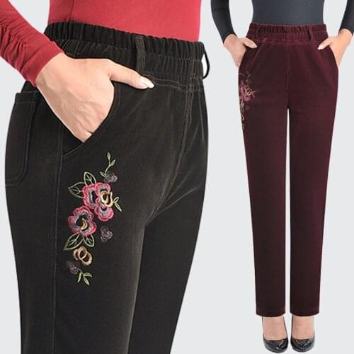Women 2021 Autumn New Middle-aged Corduroy Pants Female High Waist Straight Trousers Ladies Casual Embroidery Floral Pants Q683