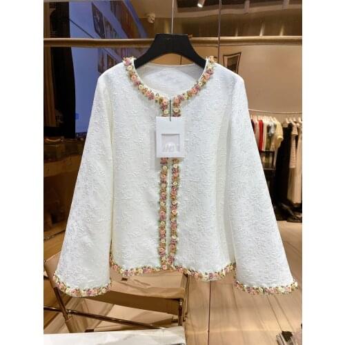 Women Autumn Fashion Flower Luxury Jacquard White Loose Ovecoat Jacket Female High Quality Coat Gdnz 6.30