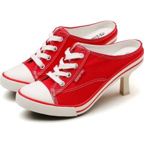 2019 Canvas Women Shoes Sexy High Heel 6CM Black Pointed Toe Platform Ladies Leather Sole Slippers Female Slip On Sandal Shoes