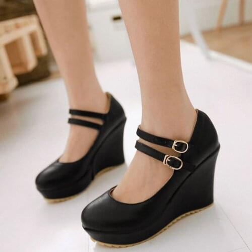 COOLULU Women Wedge High Heel Mary Janes Platform Double Strap Spring Fashion Shoes Women Pumps Ladies Party Pumps Size 34-43