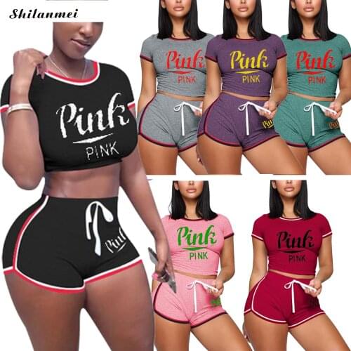 Casual Sexy Tracksuit Women Pink Letter Print Two Piece Sets Striped Patchwork Crop Top Shorts Suit Female Outfits Streetwear