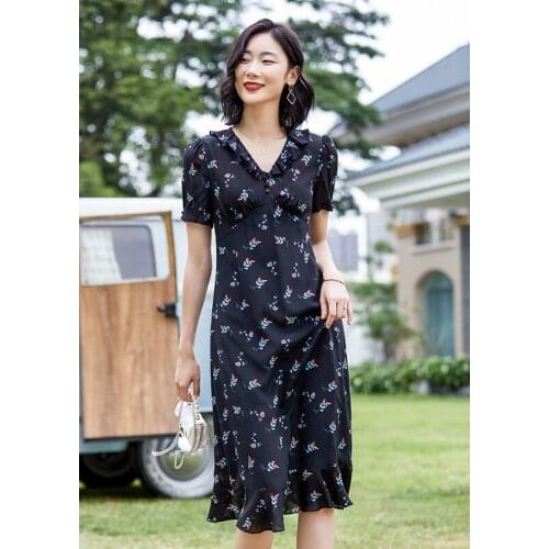Silk Dress French Ruffled 2021 Womens Summer Mulberry Silk Elegant V-neck Midi Dress