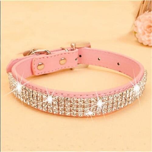 Bling Rhinestone PU Leather Crystal Diamond Puppy Collar Pet Dog Collars Pink