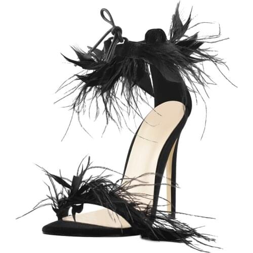 Richealnana Summer Pointed Toe Women Thin High Heels Sandals Lace Up Flock Artificial Fur Cover Heel Ankle Strap Large Size 2021