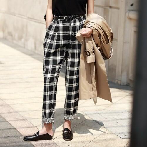 2019 new autumn fashion pants women Double faced wool black white plaid checkered England long casual loose pants trousers women