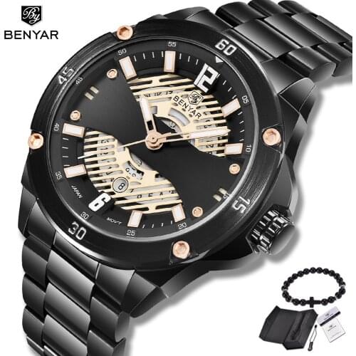 BENYAR Mens Watches 2019 Top Brand Luxury Quartz Gold Business Watch Men Clock Military Leather Male Watches Relogio Masculino